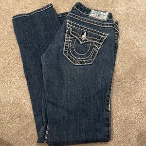True religion blue jeans with white stitching size 25